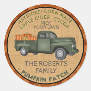 Sticker Rond Citrouille Patch Farm Rustic Automne Plaid Camion