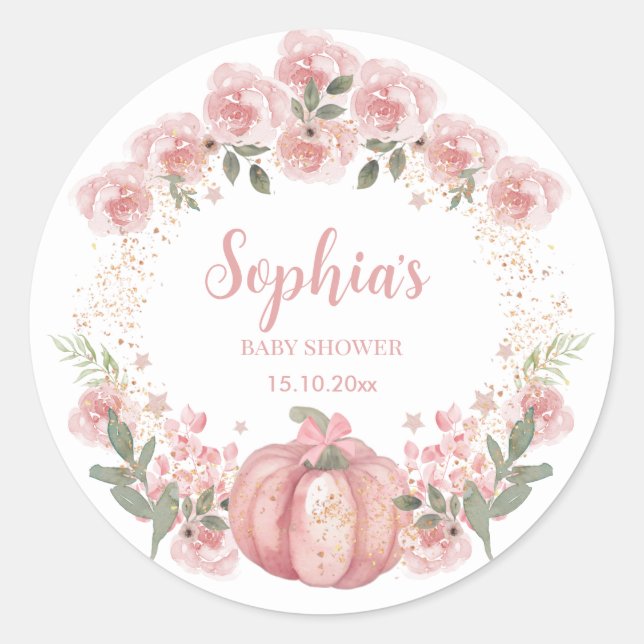 Sticker Rond citrouille rose Floral Girl Baby shower (Devant)