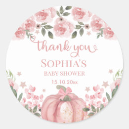 Sticker Rond citrouille rose Floral Girl Baby shower Merci