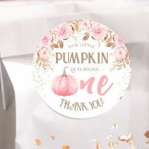 Sticker Rond Citrouille Rose & Gold Girl Floral Automne 1er Ann