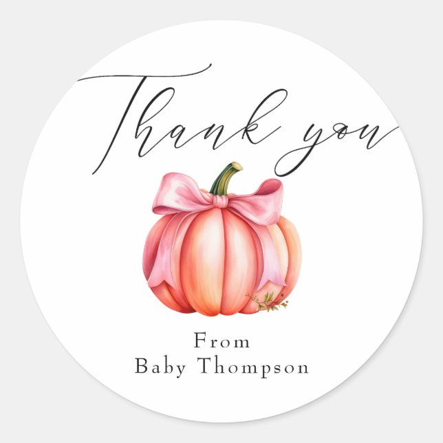 Sticker Rond Citrouille rose | Merci de Baby shower d'automne (Devant)