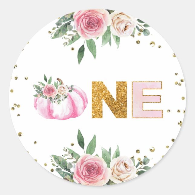 Sticker Rond Citrouille Rose or Floral automne fille premier an (Devant)