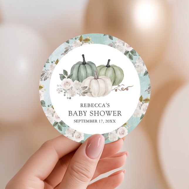 Sticker Rond Citrouille vert Sage Baby shower d'automne Floral (Créateur téléchargé)