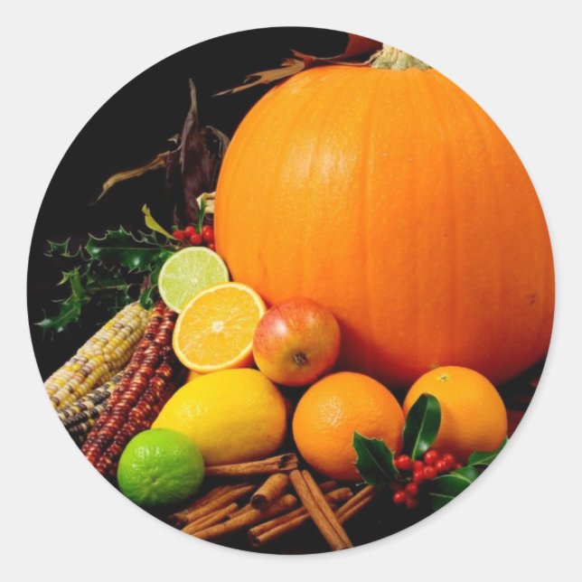 Sticker Rond Citrouilles de la récolte d'automne et maïs (Devant)