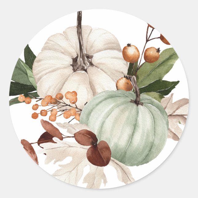 Sticker Rond Citrouilles de Thanksgiving blanches et vert sauge (Devant)