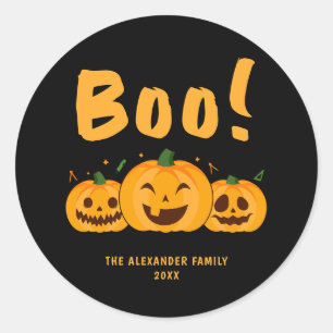 Sticker Rond Citrouilles orange Halloween noir Boo Nom