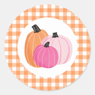 Sticker Rond Citrouilles roses Halloween et carreaux orange