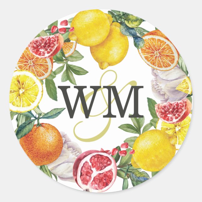 Sticker Rond Citrus Initials Mariage de couronne botanique (Devant)