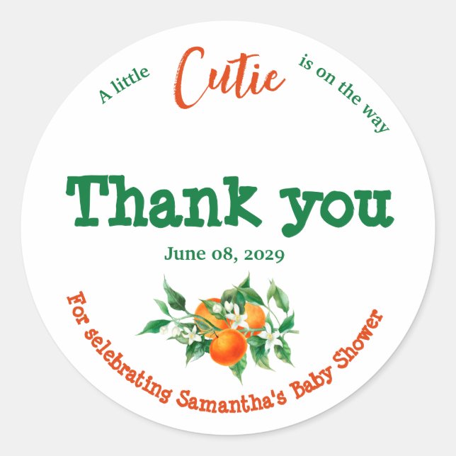 Sticker Rond Citrus Little Cutie Blossom Orange Baby shower (Devant)