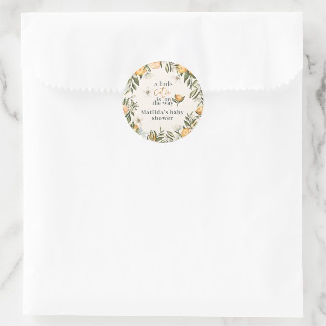 Sticker Rond Citrus, orange + fleur petit baby shower (Sac)
