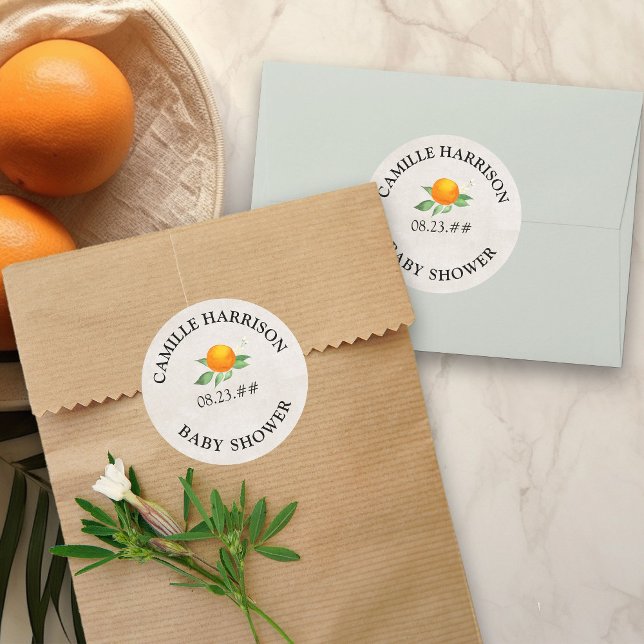 Sticker Rond Citrus Orange Neutre Baby shower personnalisé (Stickers for favors, invitation envelope seals etc, from my Citrus Orange Baby Shower collection)