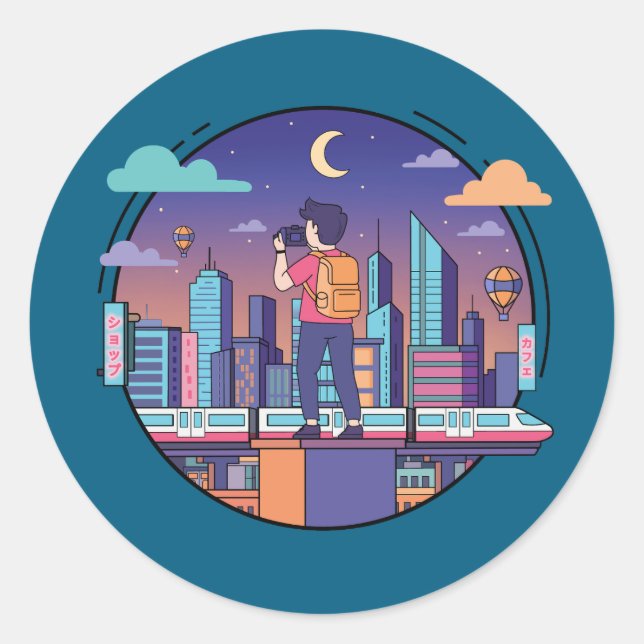 Sticker Rond City Night Traveler (Devant)