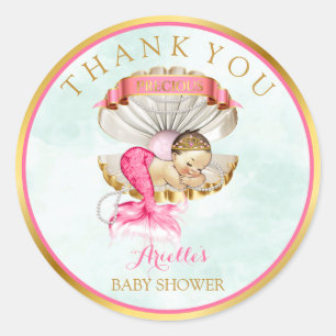 Sticker Rond Clamer bébé sirène coquille Tiara perles or rose