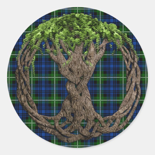 Sticker Rond Clan Forbes Tartan Et Arbre Celtique De Vie (Devant)