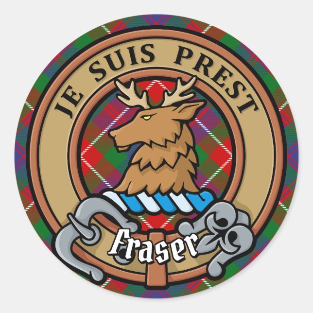 Sticker Rond Clan Fraser de Lovat Crest sur Tartan (Devant)