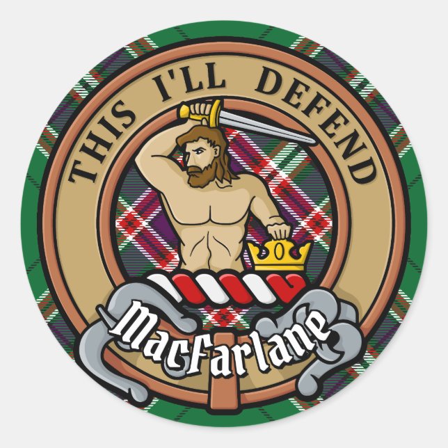 Sticker Rond Clan MacFarlane Crest sur Tartan de chasse moderne (Devant)