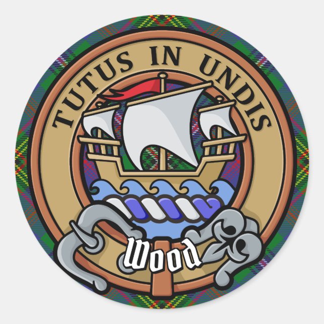 Sticker Rond Clan Wood Crest sur Tartan (Devant)
