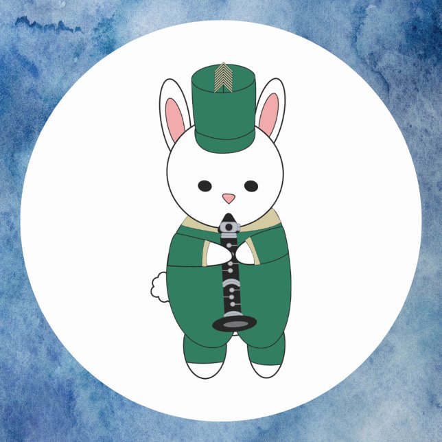 Sticker Rond Clarinet Rabbit Marching Band Vert Or (A sticker with a white rabbit playing clarinet in a green & gold marching band uniform.)