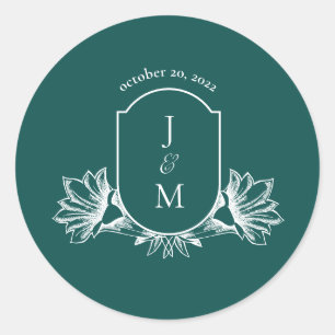 Sticker Rond Clas de crête de Monogramme Turquoise foncé Mariag