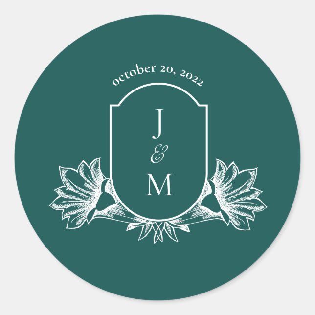 Sticker Rond Clas de crête de Monogramme Turquoise foncé Mariag (Devant)