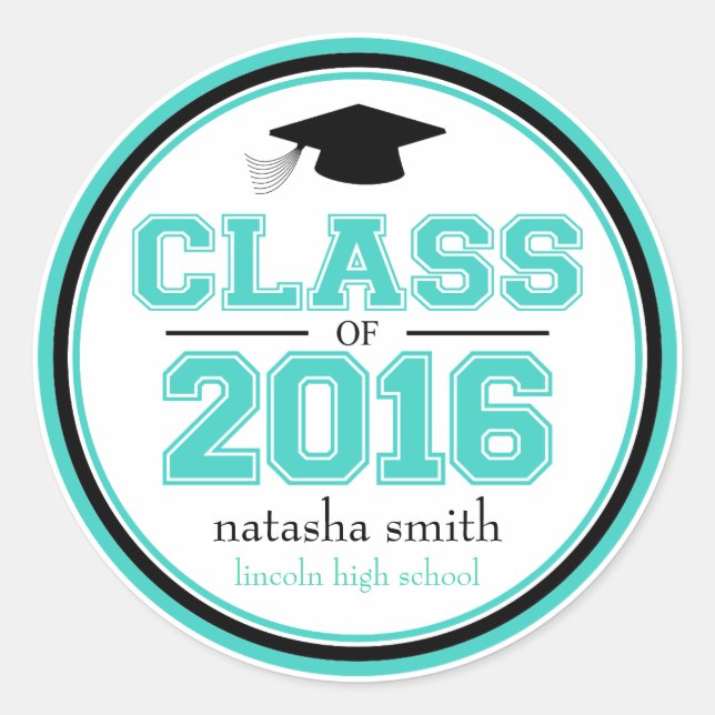 Sticker Rond Classe De 2016 Faveur De Graduation (Turquoise / N (Devant)