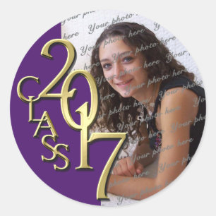 Sticker Rond Classe de 2017 Purple and Gold Graduation Photo