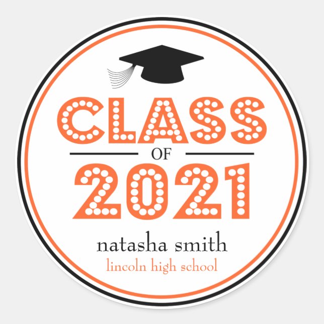 Sticker Rond Classe De 2021 Faveur De Graduation (Orange / Noir (Devant)
