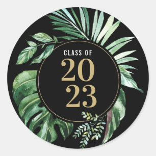 Sticker Rond Classe de 2021 Green Tropical Leaf Graduation