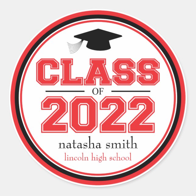 Sticker Rond Classe De 2022 Faveur De Graduation (Rouge / Noir) (Devant)