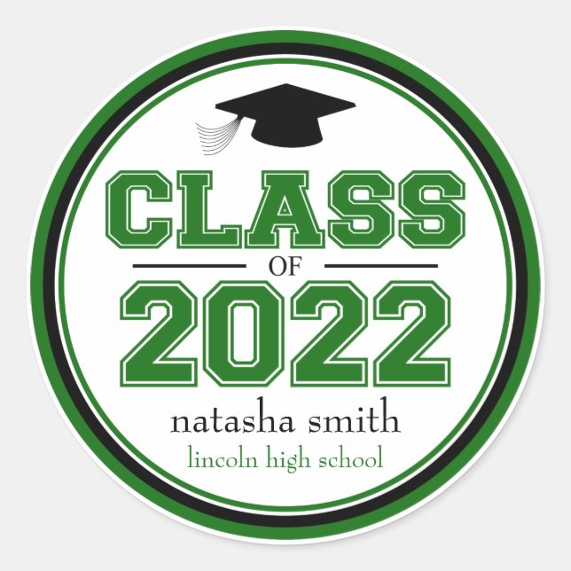 Sticker Rond Classe De 2022 Faveur De Graduation (Vert / Noir) (Devant)