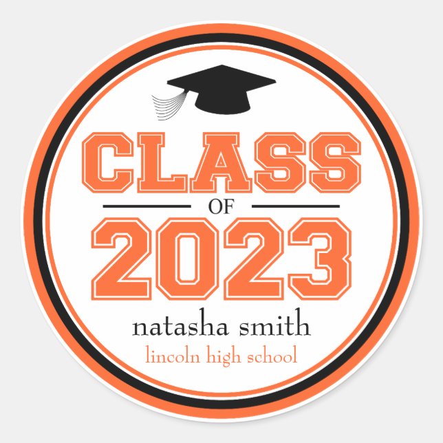 Sticker Rond Classe De 2023 Faveur De Graduation (Orange / Noir (Devant)