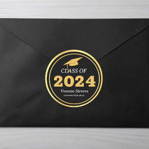 Sticker Rond Classe de 2024 Elegant Black Gold Personnalisé