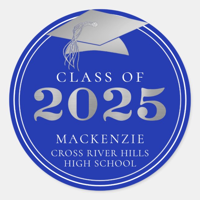 Sticker Rond Classe de 2025 Elégant Argent Royal Personnalisé (Devant)
