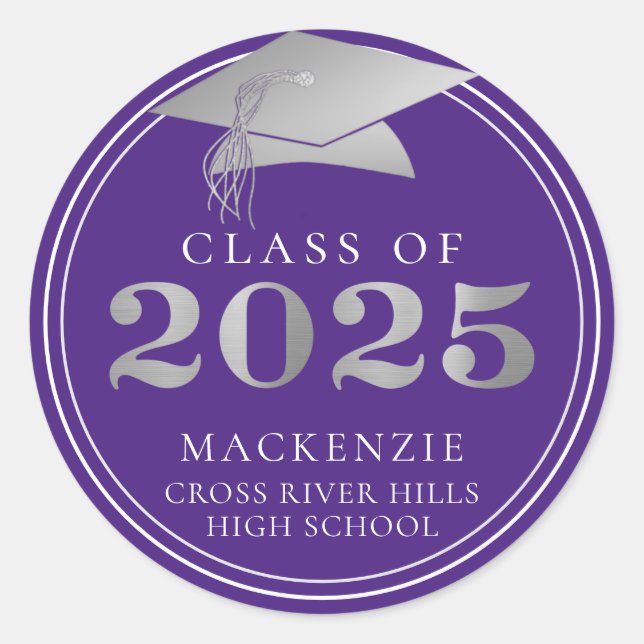 Sticker Rond Classe de 2025 Elegant Purple Silver Personnalisé (Devant)