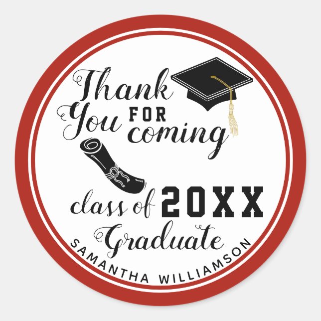 Sticker Rond Classe de 2025 Graduate White Red Black Merci (Devant)