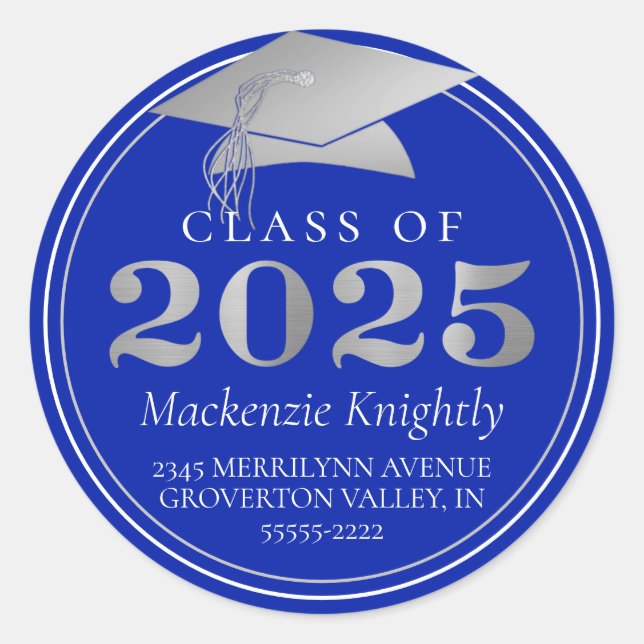 Sticker Rond Classe de 2025 Royal Blue Silver Adresse de retour (Devant)