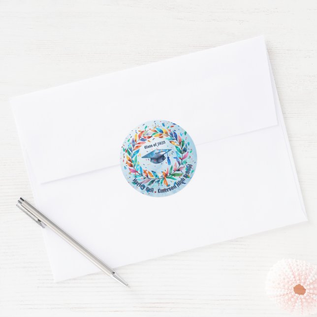 Sticker Rond Classe de 2025 Son Grad Casquette Floral (Enveloppe)