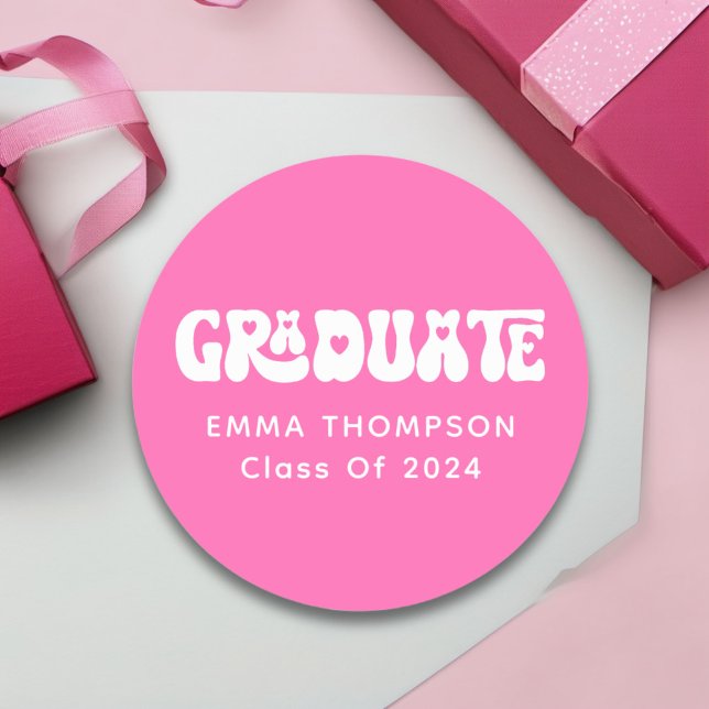 Sticker Rond Classe De Diplômés Rétro Hot Pink De 2024 (Créateur téléchargé)