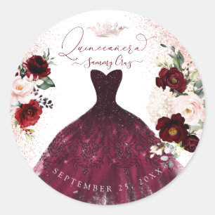 Sticker Rond Classe de fleurs d'aquarelle bleu-bordeaux Quincea