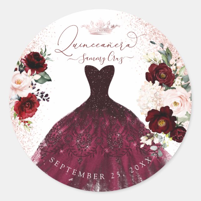 Sticker Rond Classe de fleurs d'aquarelle bleu-bordeaux Quincea (Devant)
