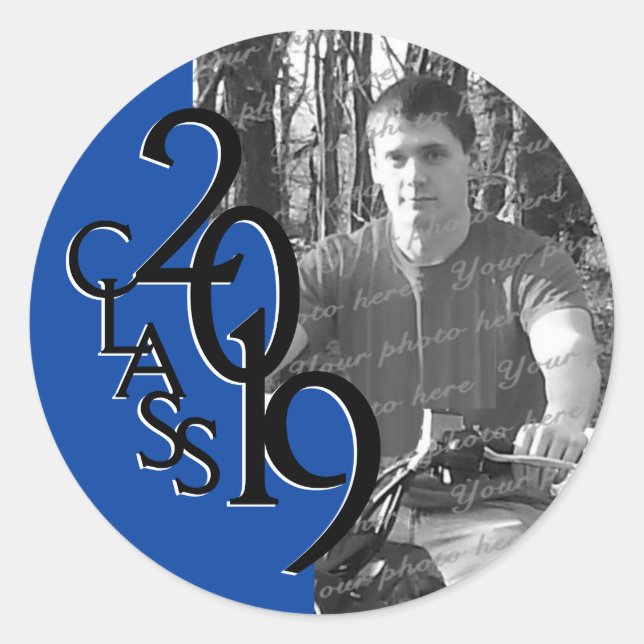 Sticker Rond Classe de Graduation Blue 2019 avec photo (Devant)