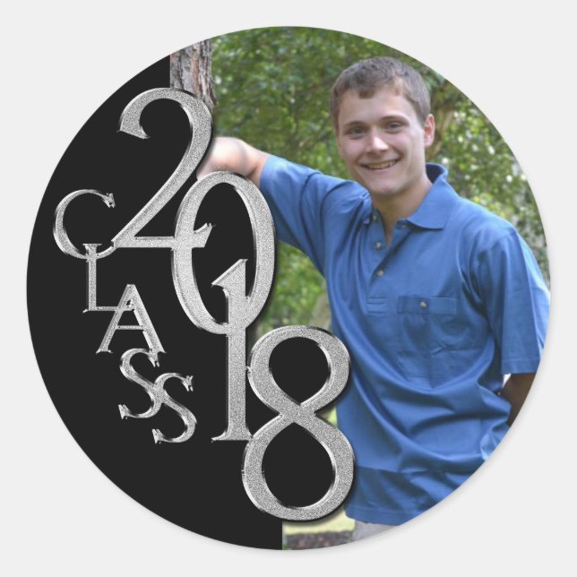 Sticker Rond Classe de Graduation de 2018 Photo Noir et Argent (Devant)