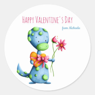 Sticker Rond Classe d'école Blue Dinosaur Kids Valentine's Day 