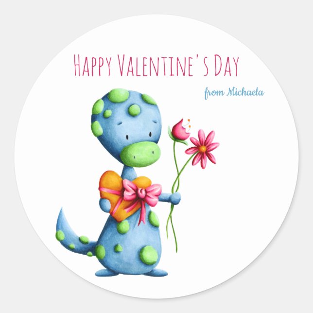 Sticker Rond Classe d'école Blue Dinosaur Kids Valentine's Day  (Devant)