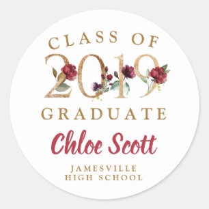 Sticker Rond Classe d'or Floral Rouge de 2019 Graduation