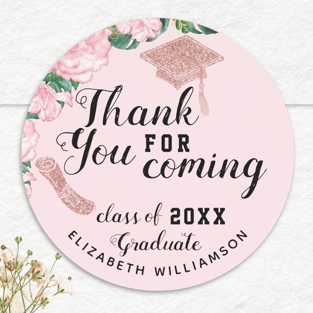 Sticker Rond Classe florale rose pâle de 2025 Merci diplômé (Créateur téléchargé)