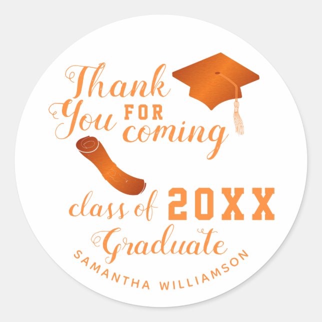 Sticker Rond Classe Merci blanc et orange de 2025 Graduate (Devant)
