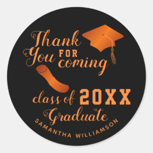 Sticker Rond Classe Merci noir et orange de 2025 Graduate
