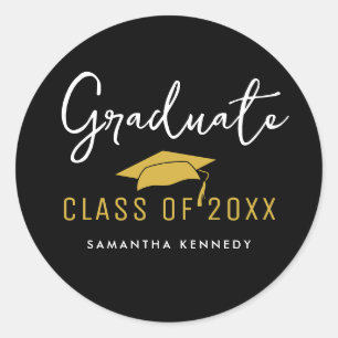 Sticker Rond Classe moderne Black & Gold de 2025 Graduation Cap