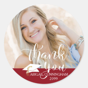 Sticker Rond Classe photo Red White Script Merci